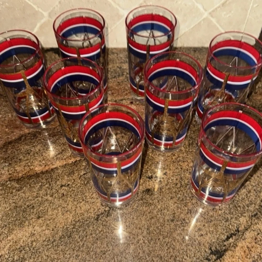 Set/8 Antique House Art Hi Ball Set Red White Blue & Gold Eagle Drum Design